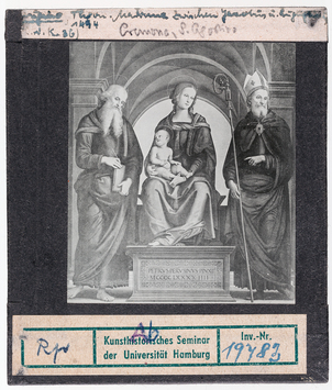 Vorschaubild Pietro Perugino: Thronende Madonna zwischen Hl. Jakobus und Hl. Augustinus. Cremona, S. Agostino 